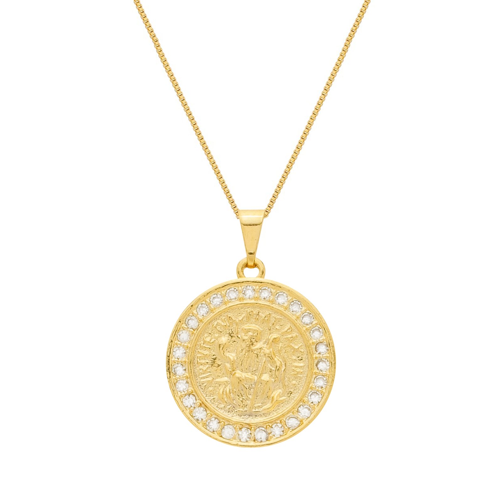 Colar Dourado Medalha São Miguel Arcanjo Cravejado de Zircônia